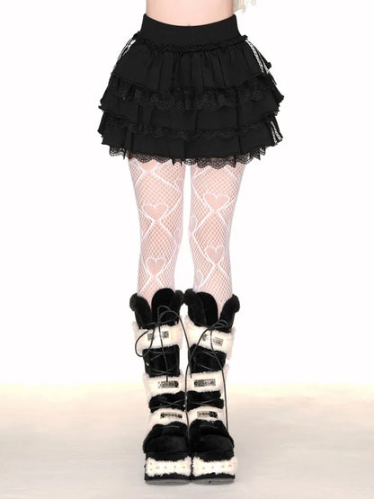 ティアードスカート ブラック/ホワイト レーストリム