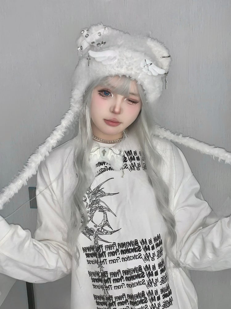 White Angel Wings Cross and Pins Cat Ear Plush Hat