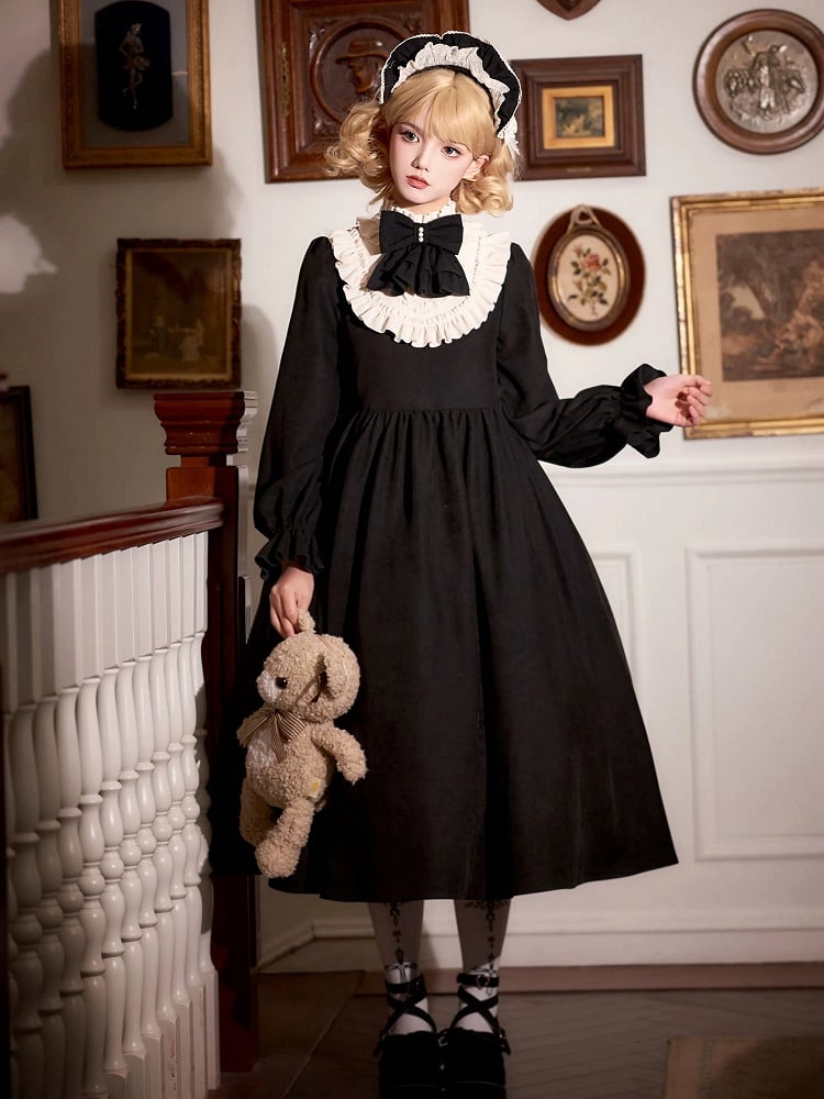 Beige Ruffle Neckline Black High-Waisted Long Balloon Sleeves Lolita Dress Long Version