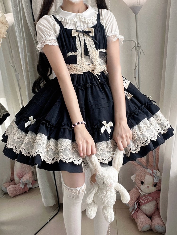 Summer Pleated Jumper Trim Ruffle Lolita and Black Skirt