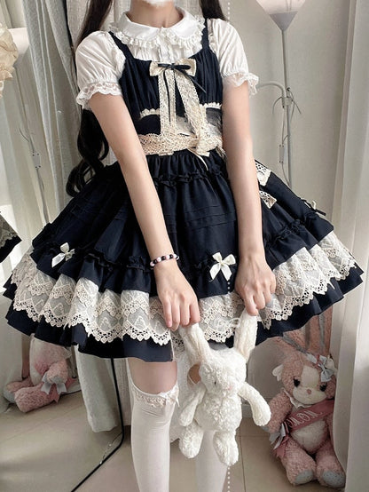 Summer Pleated Jumper Trim Ruffle Lolita and Black Skirt
