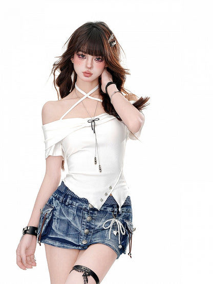Neck Asymmetrical Hem Halter Slim-fitting T-Shirt Pink/White