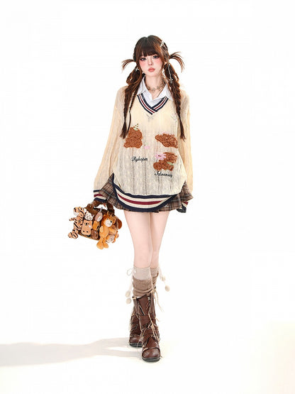 スタイルベア柄 アプリコット プレッピー フェイクツーピースシャツ 日焼け防止 透かし