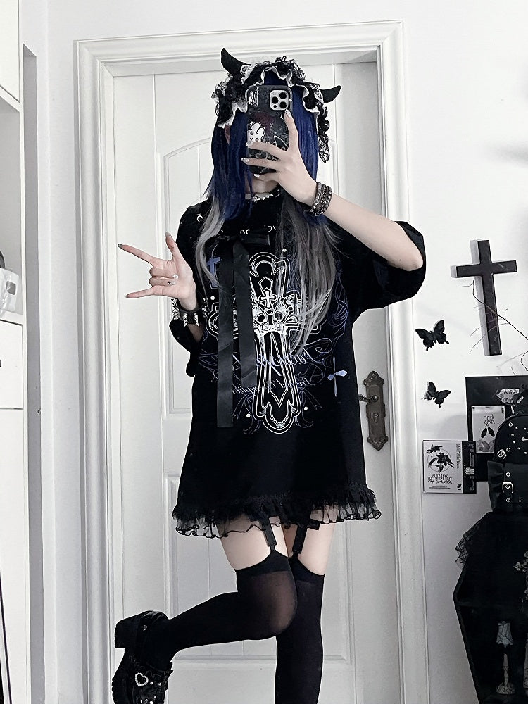 T-Shirtwith Letter Gothic Cotton Black Bow Ribbon Print NecklinePurple