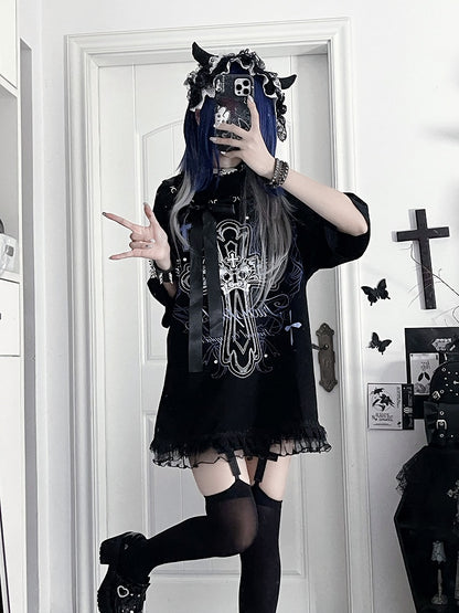 T-Shirtwith Letter Gothic Cotton Black Bow Ribbon Print NecklinePurple