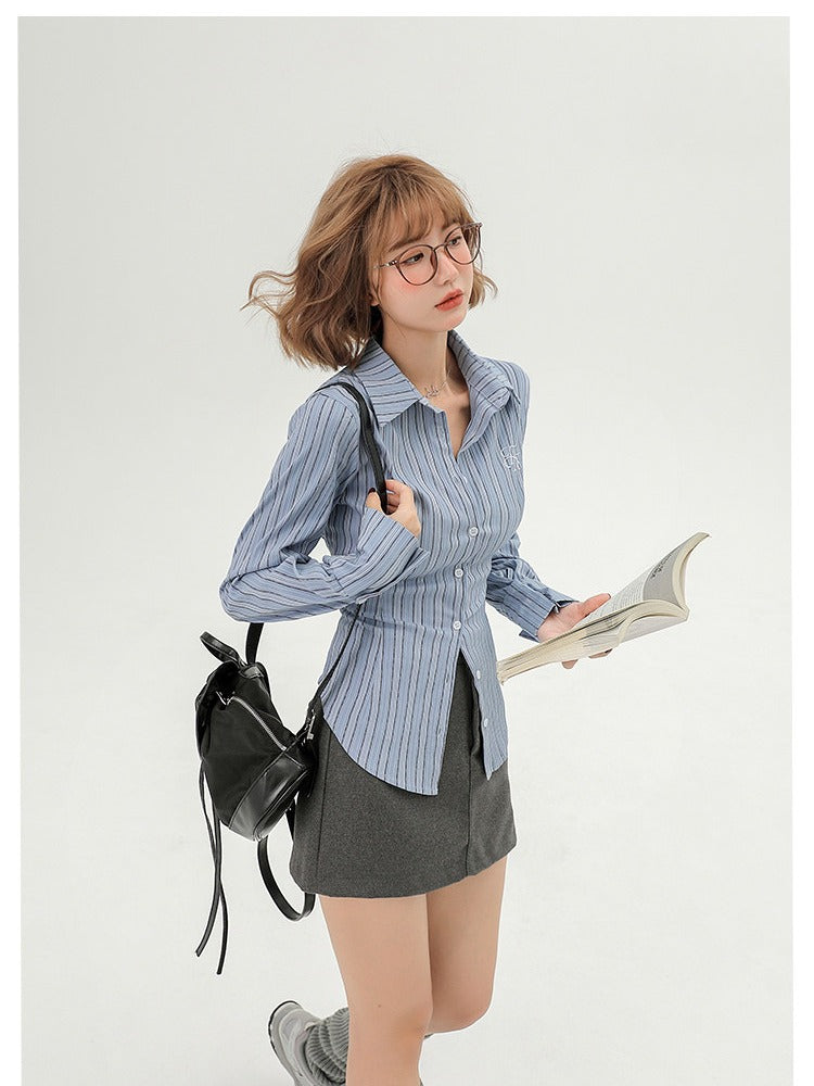 School-Style Blue Striped Long-Sleeve Shirt - Girlyhalo