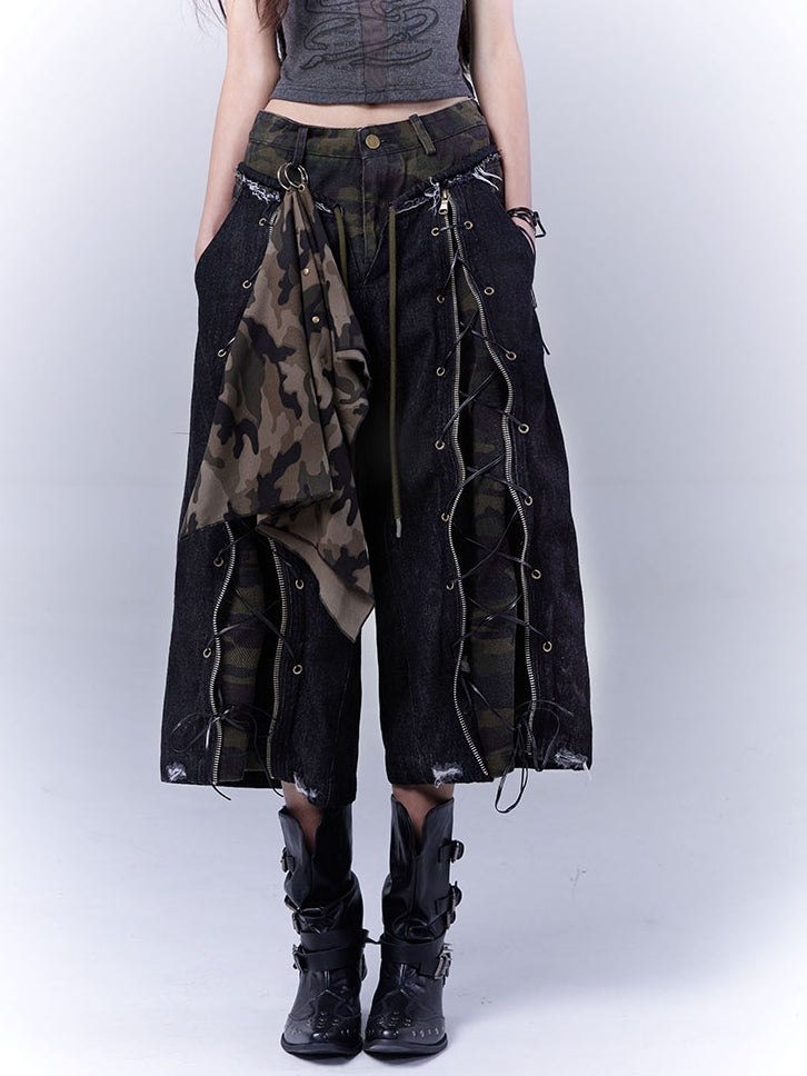 ダメージ加工ロックストレートレッグジーンズパンクカモフラージュレースアップフロント