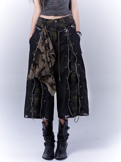 ダメージ加工ロックストレートレッグジーンズパンクカモフラージュレースアップフロント