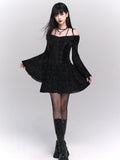 Black Gothic Velvet Off-the-shoulder NecklineBell Sleeves Lace Trim Dress