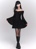Black Velvet Off-Shoulder Bell-Sleeve Dress with Lace Trim - Lady Ghost