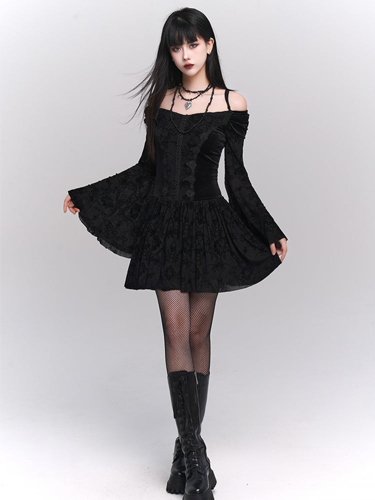 Black Velvet Off-Shoulder Bell-Sleeve Dress with Lace Trim - Lady Ghost