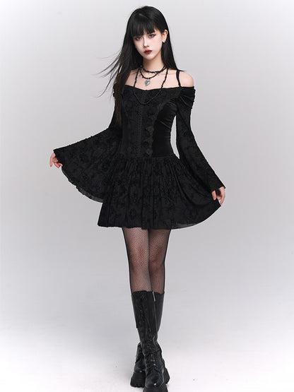 Black Velvet Off-Shoulder Bell-Sleeve Dress with Lace Trim - Lady Ghost