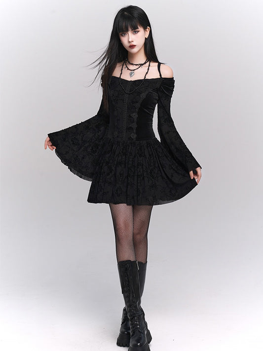 Black Velvet Off-Shoulder Bell-Sleeve Dress with Lace Trim - Lady Ghost
