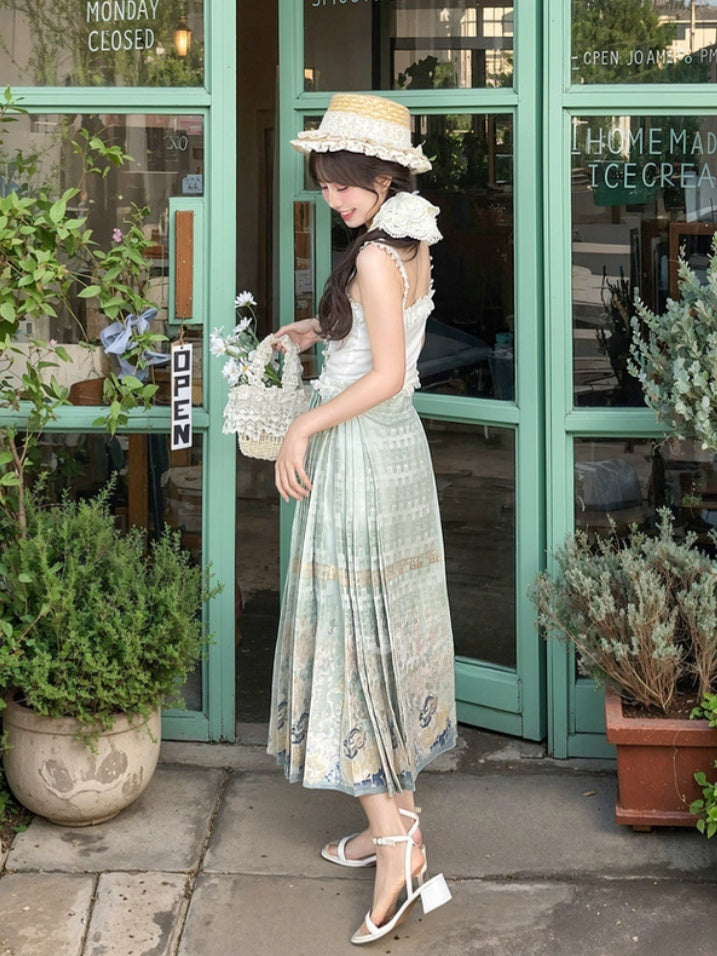 Cheongsam Jacquard Horse-face Embroidery Floral Style Skirt Green Pleated