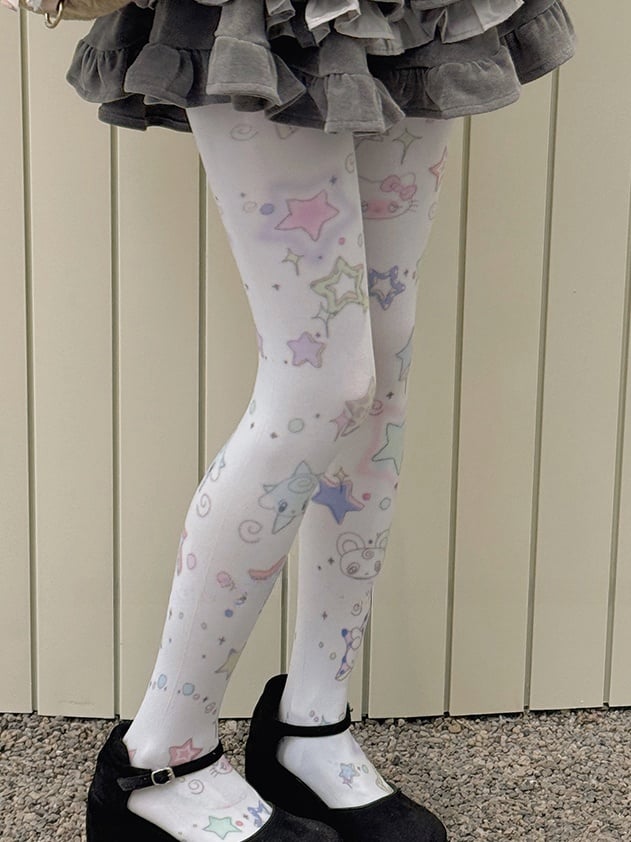 White Sweet Star Print Tights - Kawaii Cute Legwear