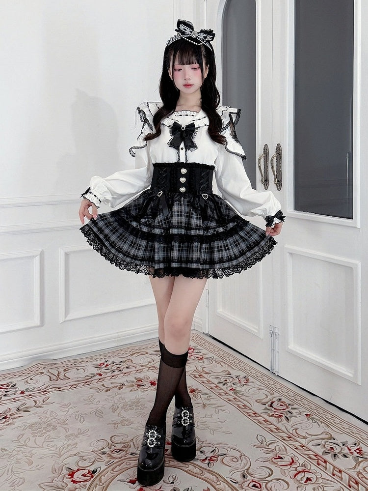 Black & White Jirai Kei Sailor-Collar Blouse with Lace Cutout Shoulders & Bow Tie - Puppet Bombs