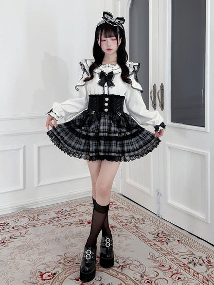 Black & White Jirai Kei Sailor-Collar Blouse with Lace Cutout Shoulders & Bow Tie - Puppet Bombs