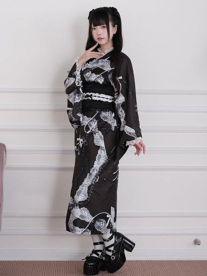 Long Version Black Yukata-Inspired Jirai Kei Lace Print Skirt - No Genki