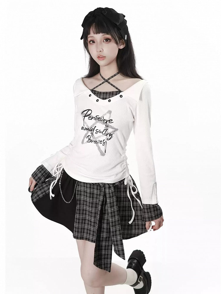 Kawaii Retro White Halter Top with V-Neckline, Long Sleeves, Printed Motifs & Drawstring - PINK SAVIOR