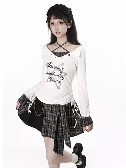Kawaii Retro White Halter Top with V-Neckline, Long Sleeves, Printed Motifs & Drawstring - PINK SAVIOR
