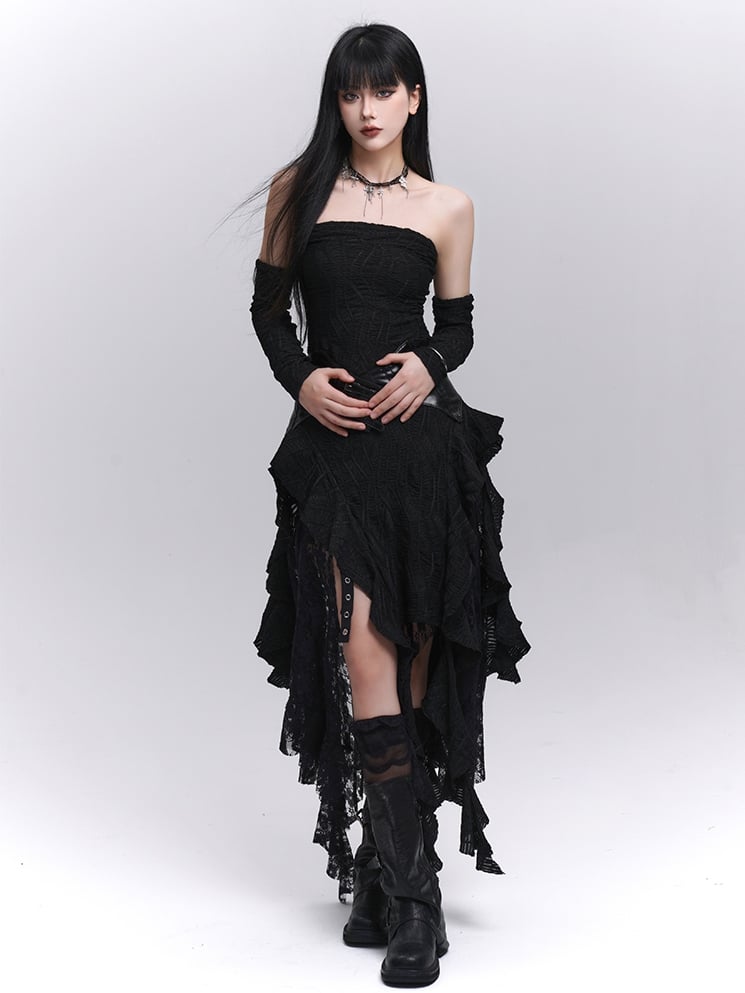 Asymmetrical with Black Free Cascading Ruffles Strapless Dress