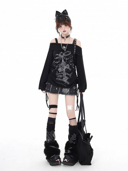 Edgy Bittersweet Black Print Waist Off-Shoulder Top: Drawstring Gray