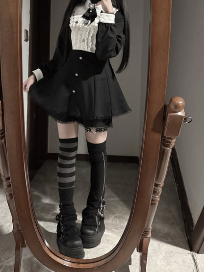 Bow Shorts Set - Cross Embroidered Pointed Flat Collar Dress + Three-piece Jirai Kei Black + Tie