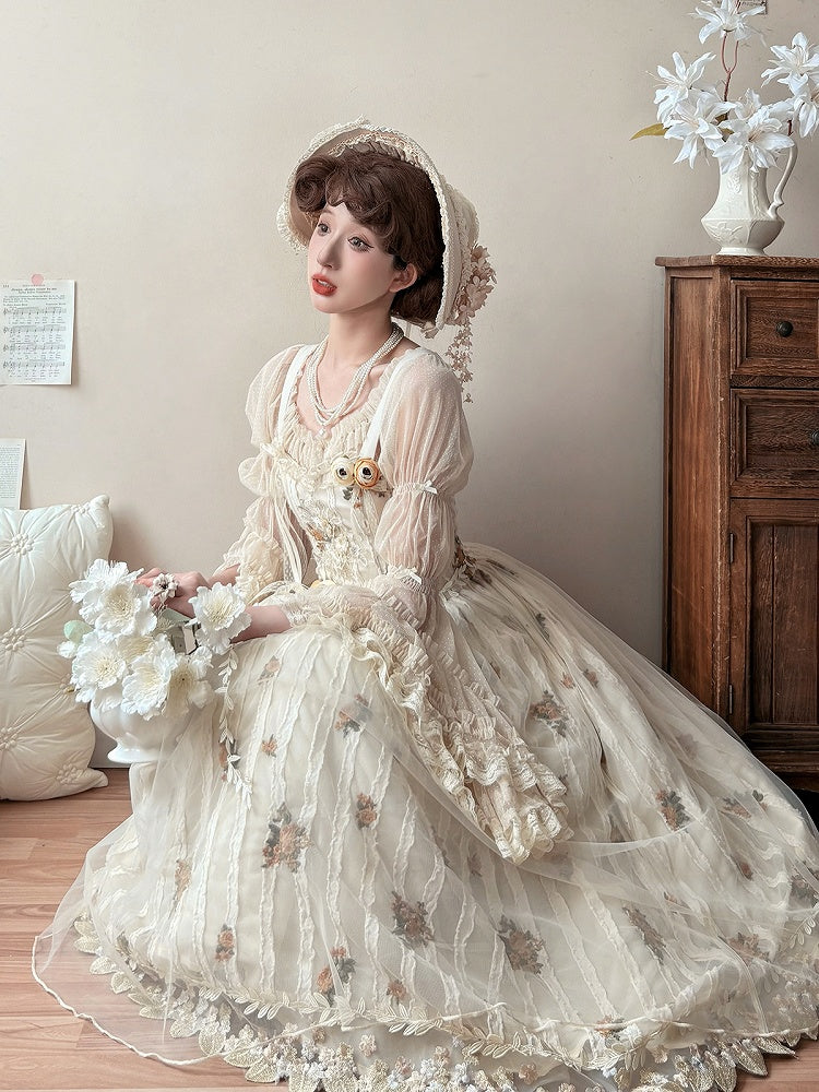 Apricot Floral Embroidered Lace Elegant Classic Lolita JSK Dress With Overlay