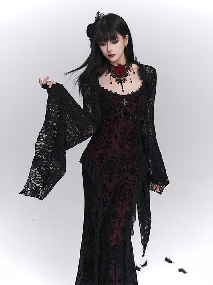 Gothic Black & Red Rose Choker with Obsidian Pendant