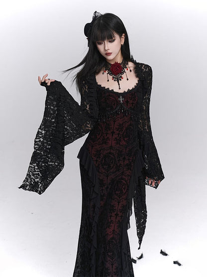 Gothic Black & Red Rose Choker with Obsidian Pendant