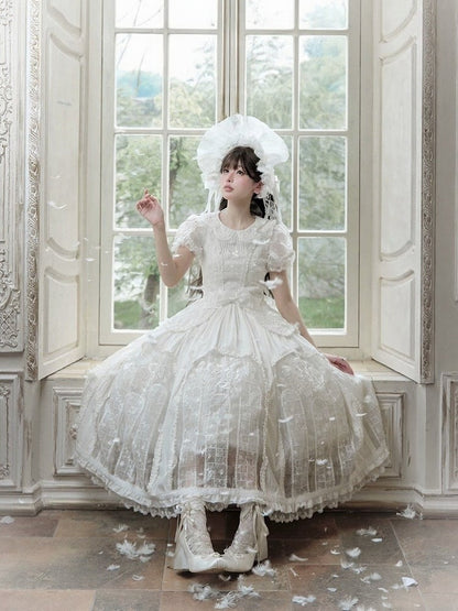 Classic Ivory Puff-Sleeve OP Gown with Sash & Lace Accents - Sleepless Unanswered