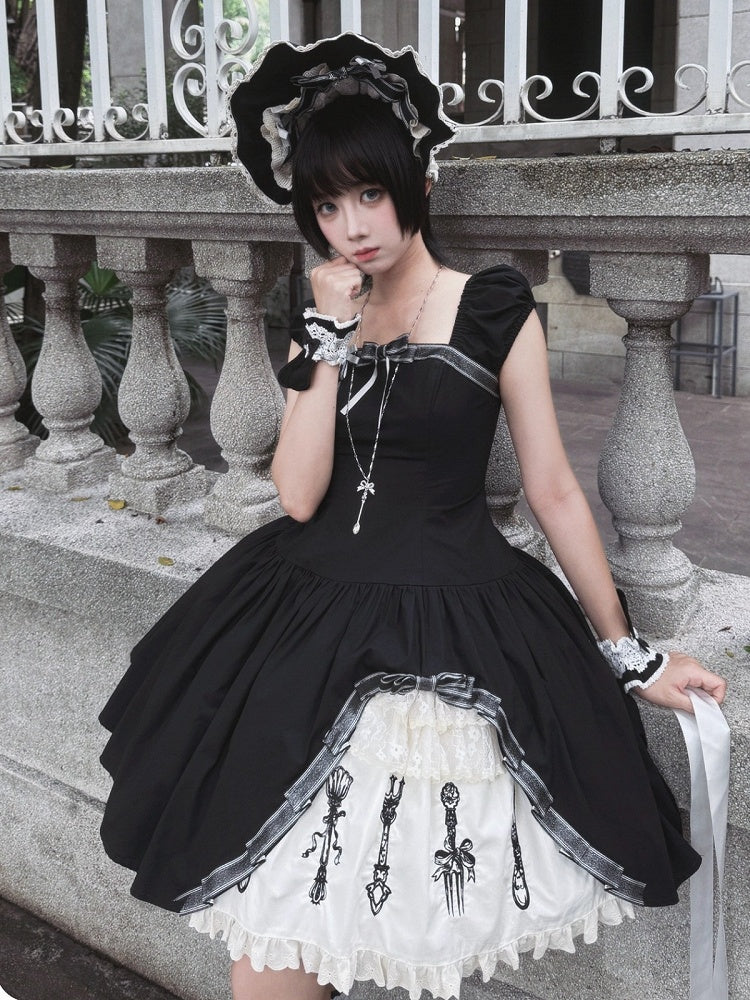 Side Ruffle Halter Lolita OP Dress in Gothic Black with Cutlery Embroidery - Vivian's Diary
