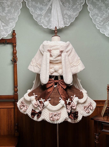 Bows White Cape Ears and Bunny Brown Lolita Hooded Pom-poms with
