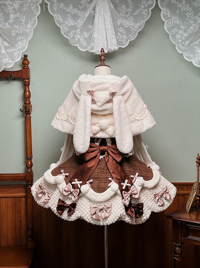 White Bunny Ears Hooded Lolita Cape with Brown Bows Pom-poms - Twin Bear Original Design