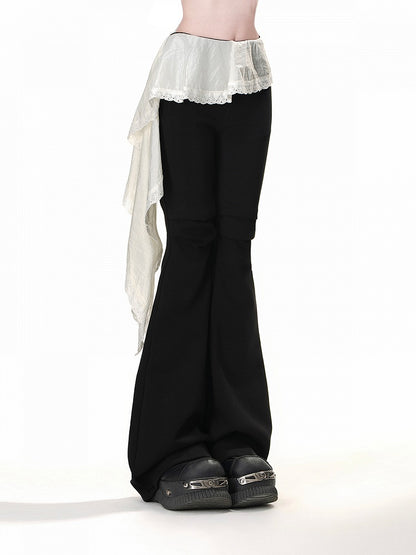 Black Elastic Waist Patchwork Design Hem Flared Pants Asymmetrical
