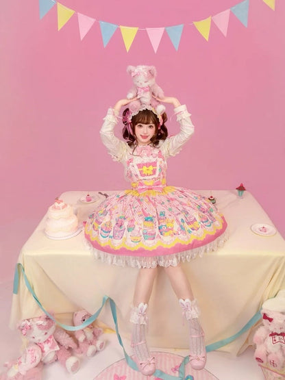 Trim Flutter and Sleeves Yellow Lolita JSK Cupcake with Dress Prints Sweet Lace Pink