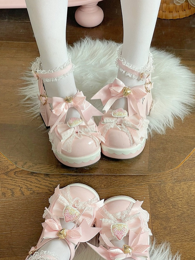 Accents Lolita Decor Pink Decorative Heart Heel Snap in Bow Sweet PU Strawberry Janes Block High Mary