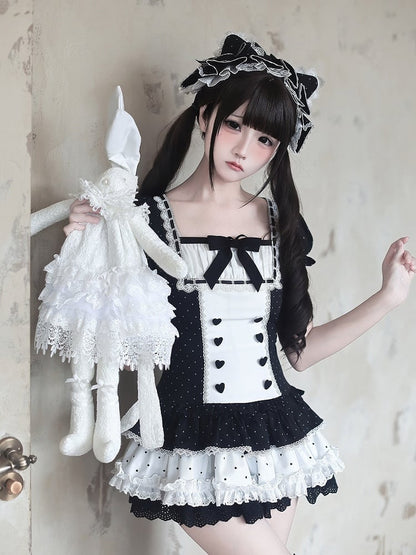 Retro Jirai Kei Black and White Polka Dot Square Neck Puff Sleeve Dress with Lace and Ruffles - Ekomi