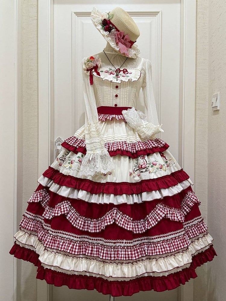 White Strawberry Dress Embroidery Red Ruffles Layered Sweet with Lolita