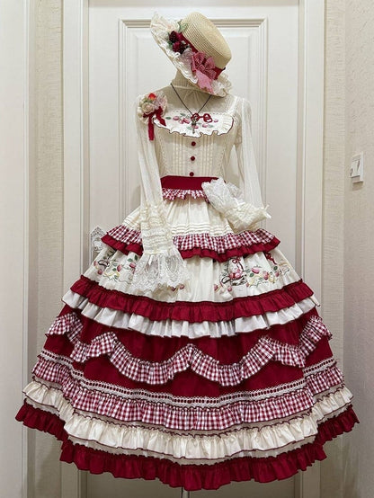 White Strawberry Dress Embroidery Red Ruffles Layered Sweet with Lolita