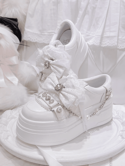 Platform Bow Jirai Top Chains Detail，Rhinestones Chunky Sneakers White Kei Beaded