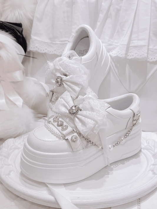 Platform Bow Jirai Top Chains Detail，Rhinestones Chunky Sneakers White Kei Beaded