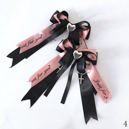 with Kei Ribbon and Charms Black/Black Pink Cross Rhinestone Heart-Shaped Bow Jirai Hairclips