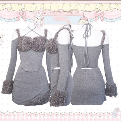 Gray Off-the-shoulder Top with Plush Cuffs & Metal Cross