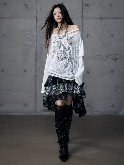 White Grunge Aesthetic Heart Off-Shoulder Print Stud Distressed Cross Punk with Top Details Charm Wasteland