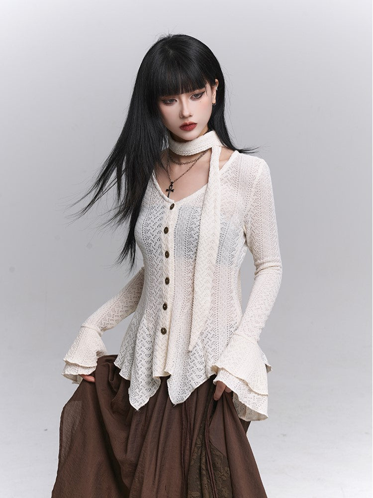 Irregular Cardigan Strap Knit Neck Gothic Apricot Button-Down Hem with