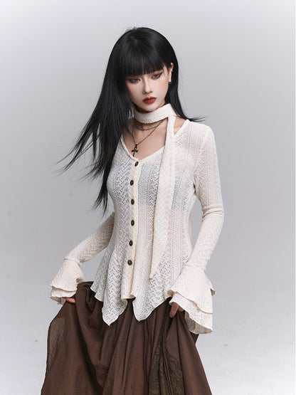 Irregular Cardigan Strap Knit Neck Gothic Apricot Button-Down Hem with