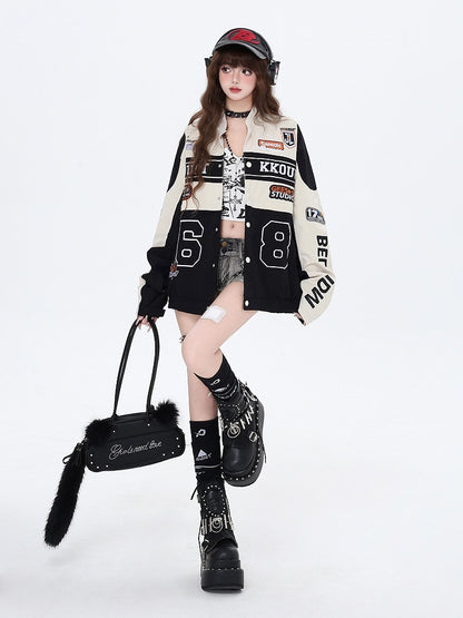 Fleece and Apricot Jacket Black Letters Embroidery Baseball with Colorblock Detachable