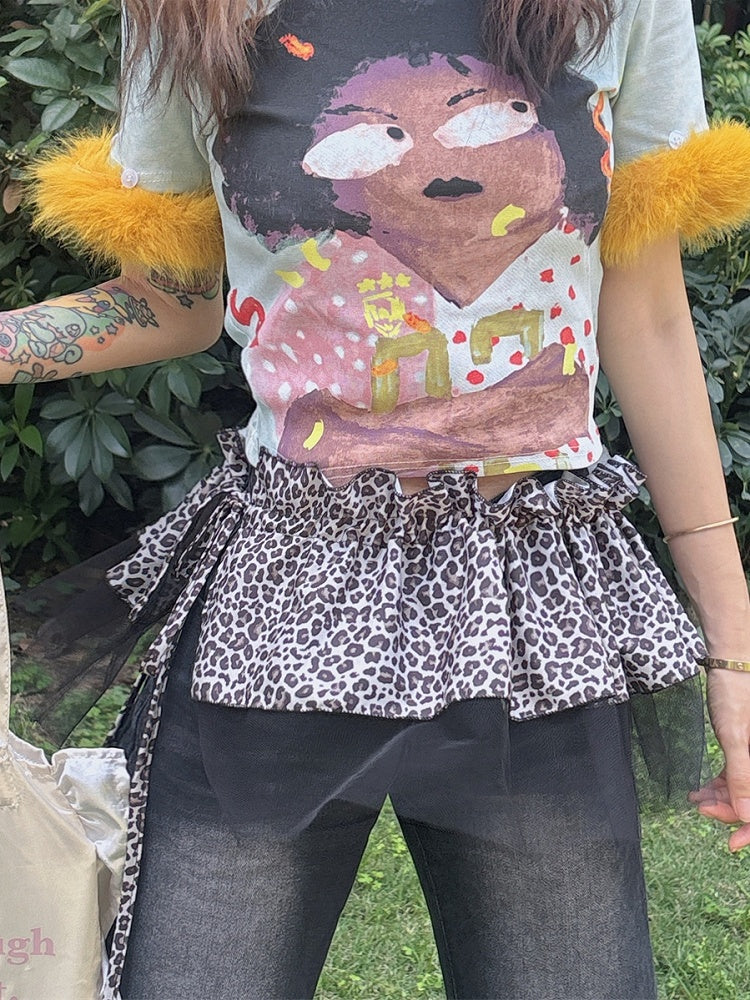 Y2K Accessoire Leopard Glamouröses Braun/Grau Muster Hosenbesatz Spitze