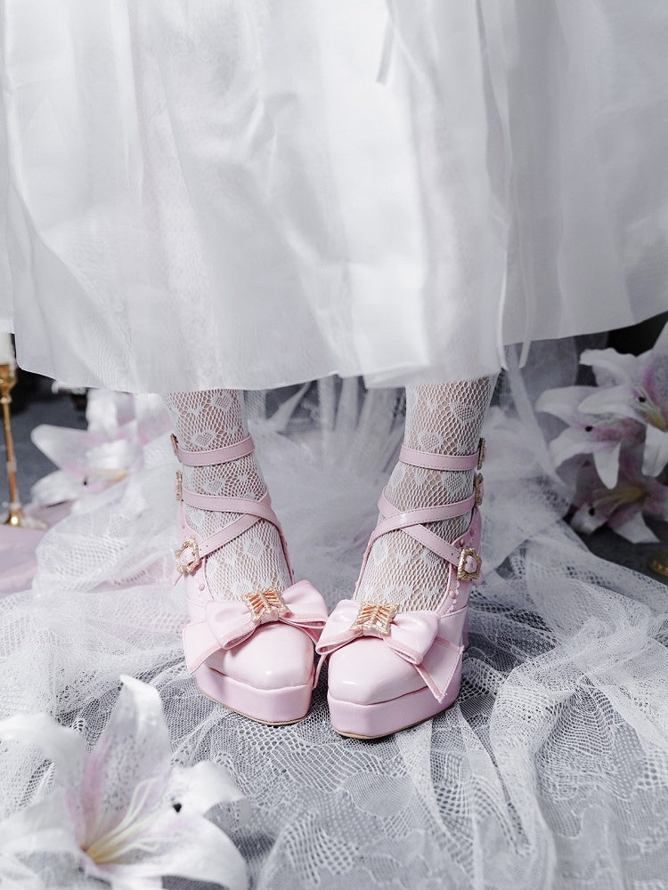 Pink Gothic Lolita Polished Shoes with Butterfly Bow & 10cm Slope Heel - sphenoid